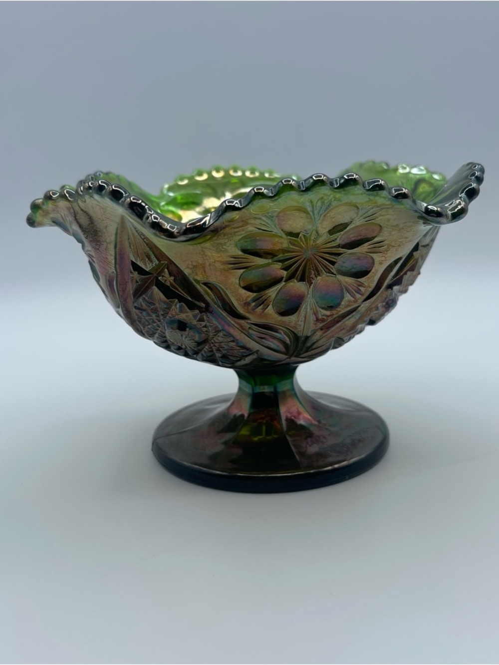 VTG Imperial Carnival Glass Cosmos Ruffled Rim Pedestal Compote Flowers Hobstars